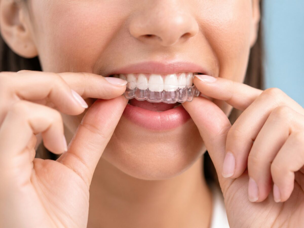 Happy patient putting on her comfortable clear aligners in fort myers